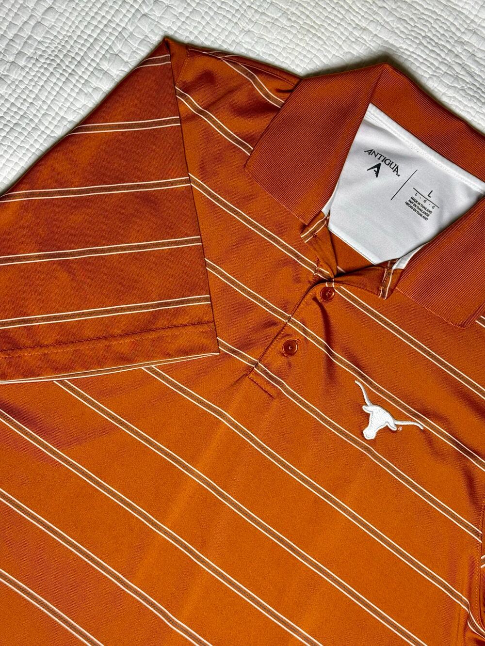 Antigua Texas Longhorns Polo Shirt Mens L Burnt Orange White Striped NCAA